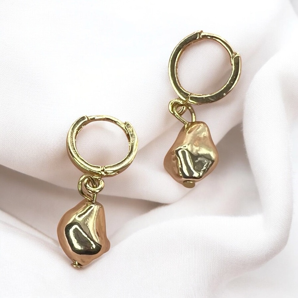 Abstract Gold Nugget Charm Hoop Earrings